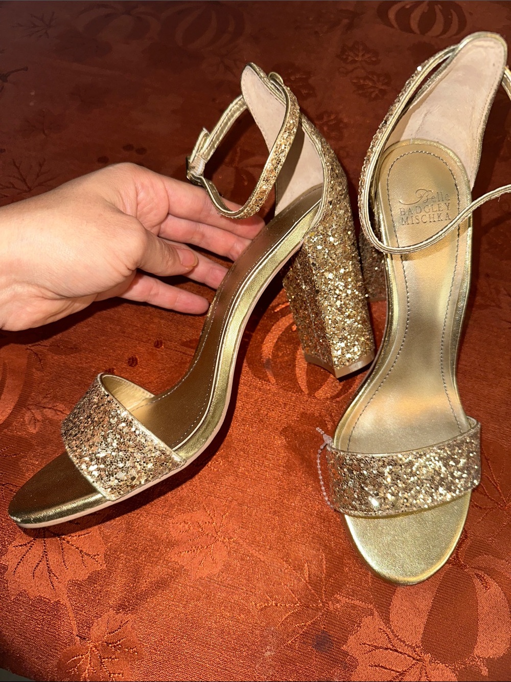 Gold Glitter Block Heel Sandals - Women